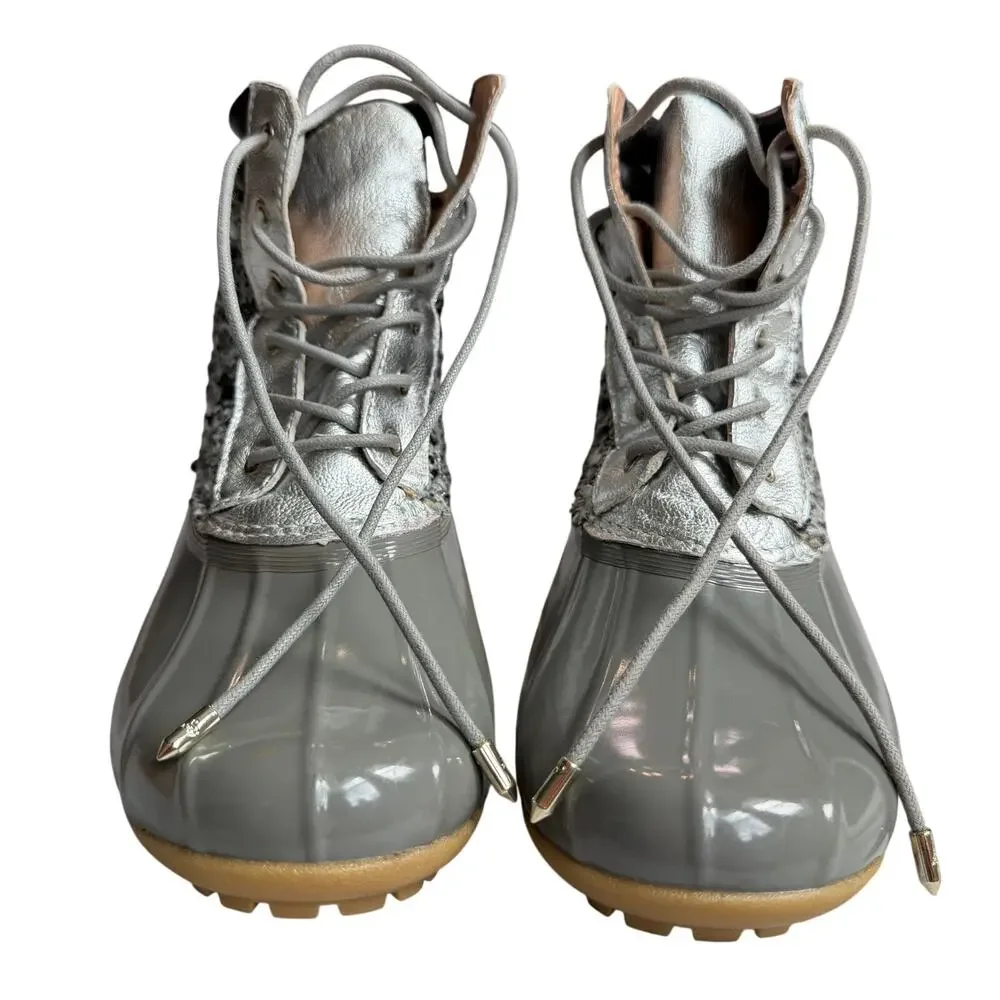 Sam Edelman Rain Boots Women's 8 Gray Silver Duck Boots Lace Up Tweed Waterproof
